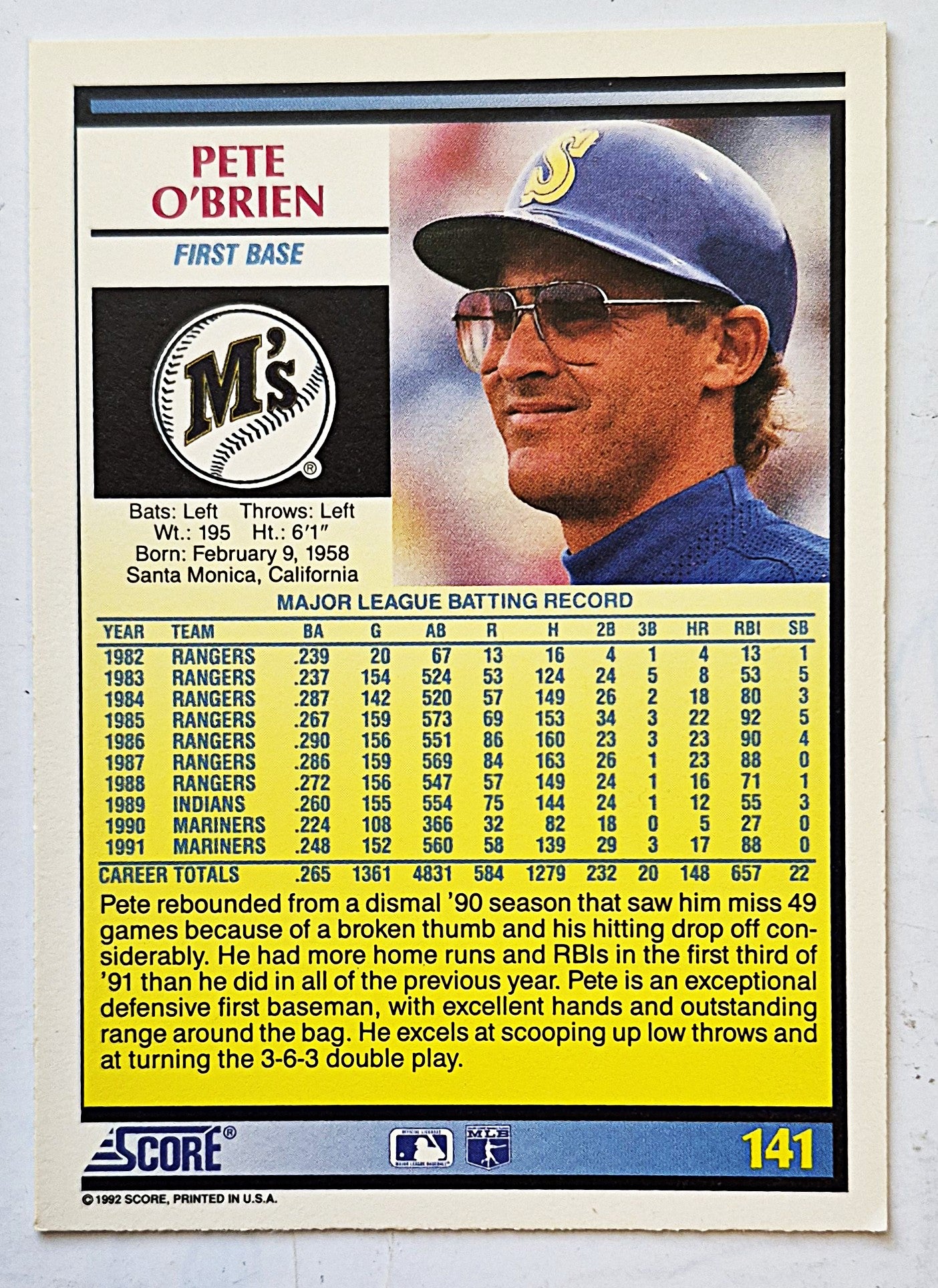 O'Brien Pete Seattle Mariners First Base #141 Score '92 Baseball Card