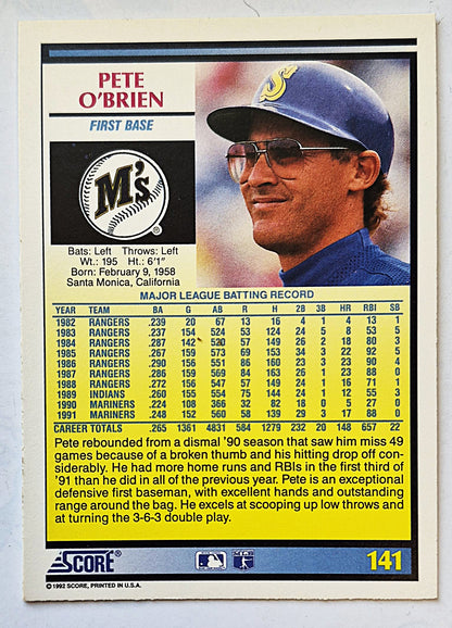 O'Brien Pete Seattle Mariners First Base #141 Score '92 Baseball Card