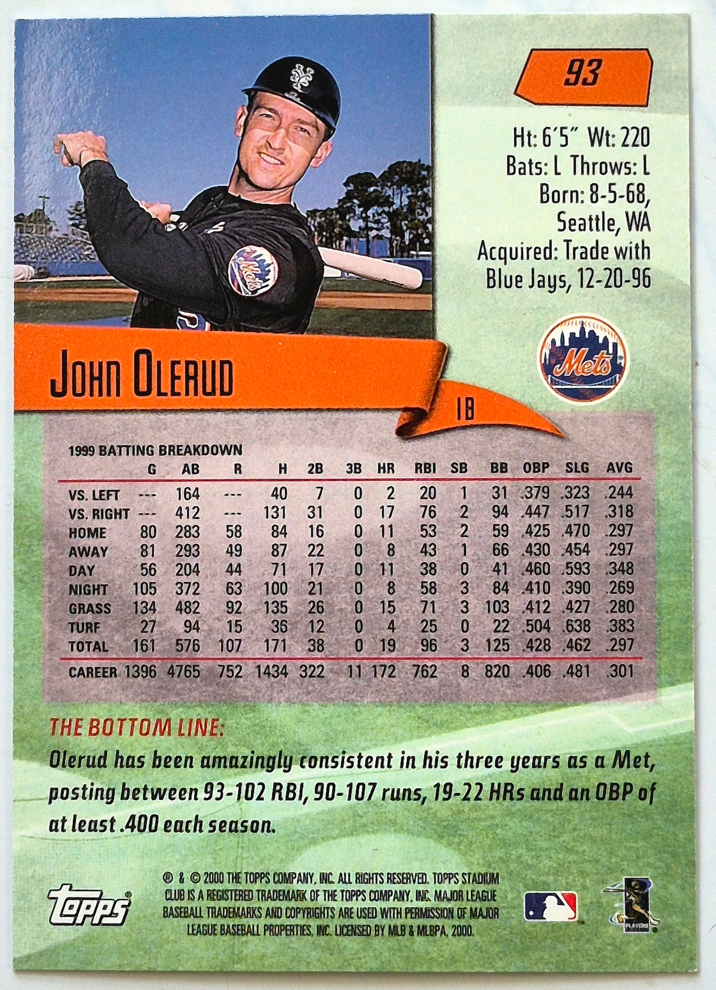 Olerud John New York Mets 1st Base #93 Topps 2000 Stadium Club Baseball Card