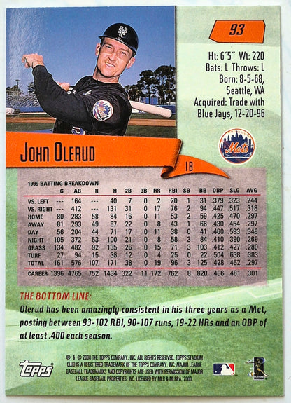 Olerud John New York Mets 1st Base #93 Topps 2000 Stadium Club Baseball Card