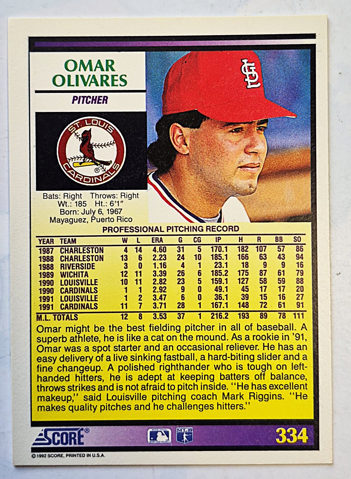 Olivares Omar St. Louis Cardinals Pitcher #334 Score '92 Baseball Card