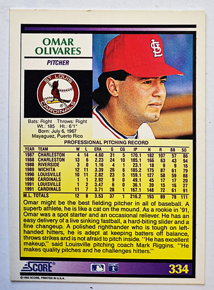 Olivares Omar St. Louis Cardinals Pitcher #334 Score '92 Baseball Card