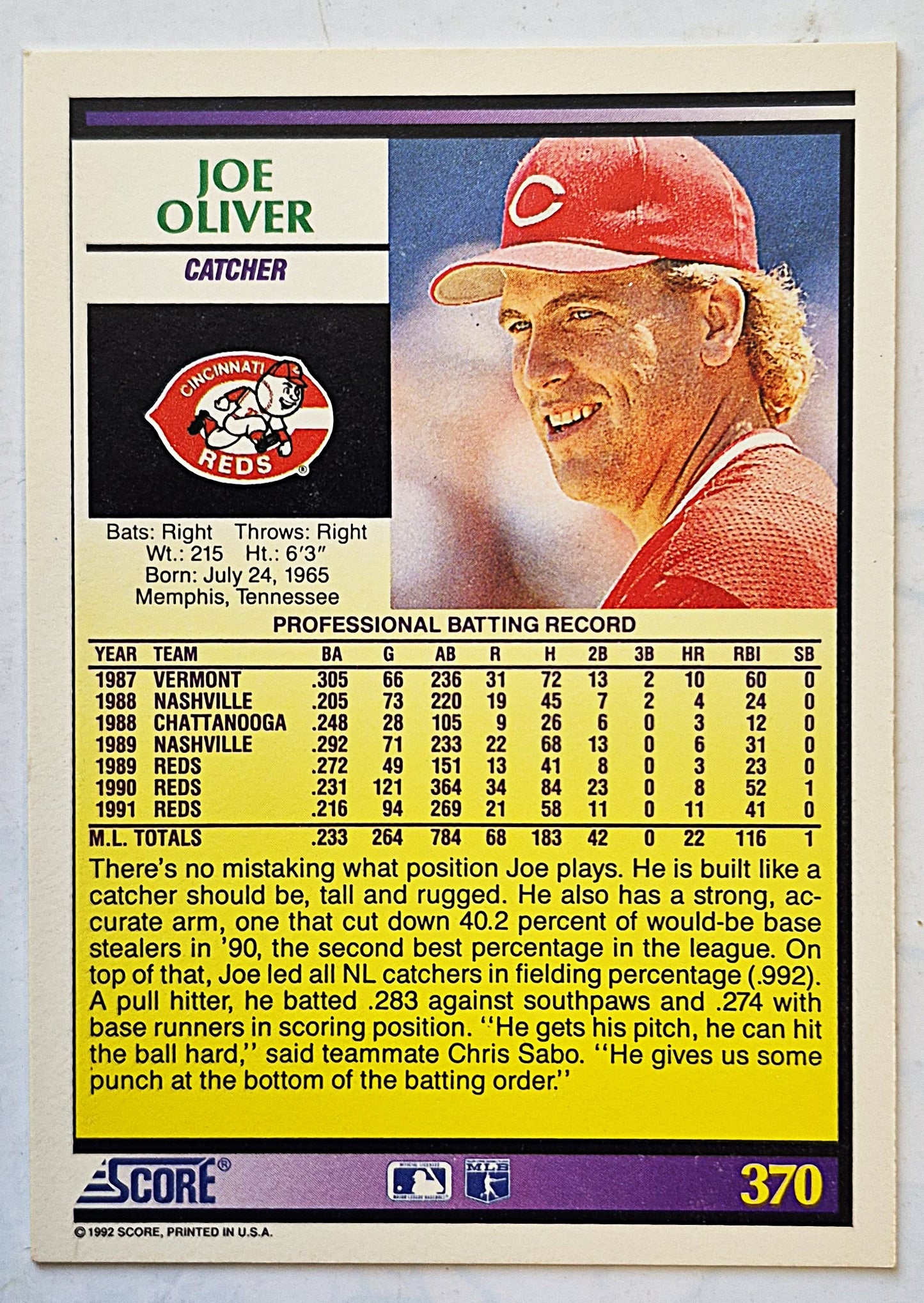 Bewertung: 92 Joe Oliver Cincinatti Reds Catcher #370 Baseballkarte Fast Neuwertig