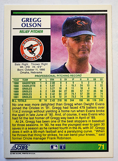 Olson Gregg Baltimore Orioles Relief Pitcher #71 Score '92 Baseball Card