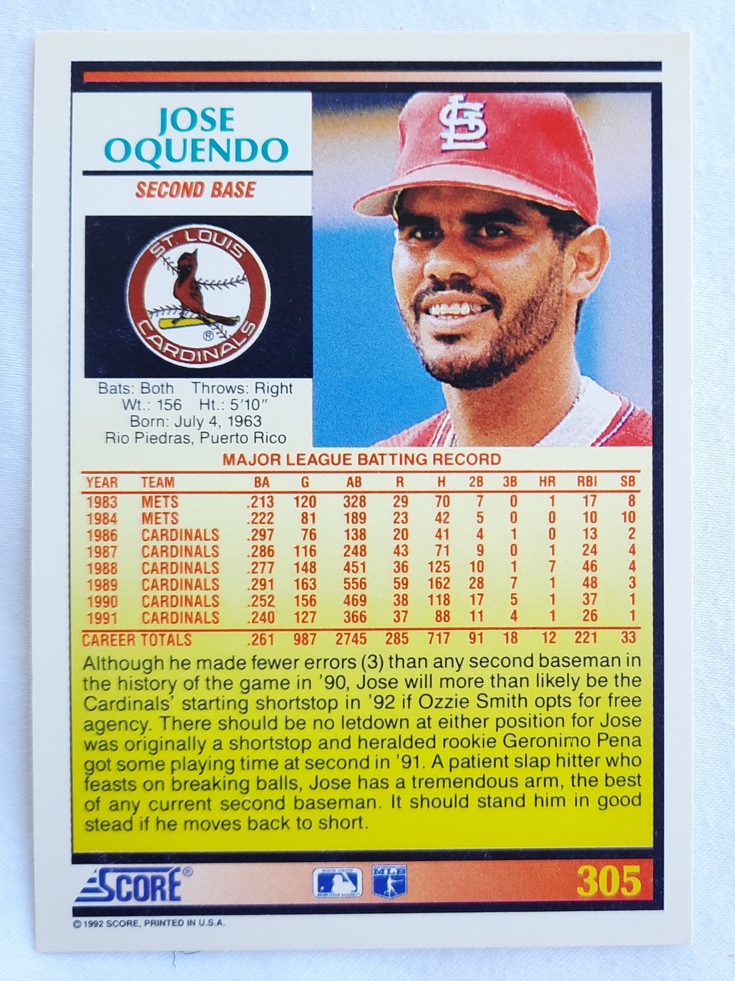 Score '92 Jose Oquendo St. Louis Cardinals Second Base #305 Baseball Card Near Mint