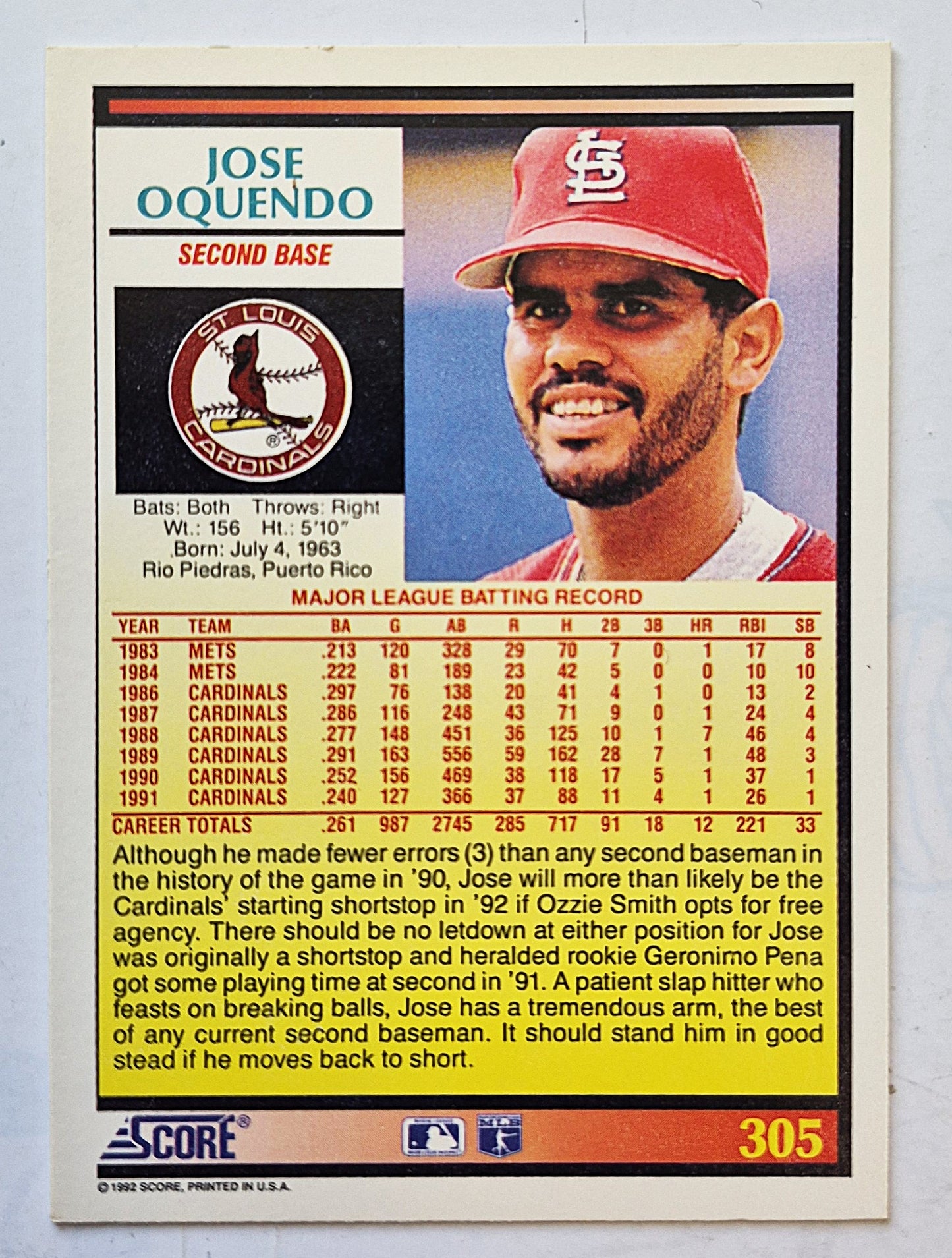 Bewerte '92 Jose Oquendo St. Louis Cardinals Second Base #305 Baseballkarte Near Mint