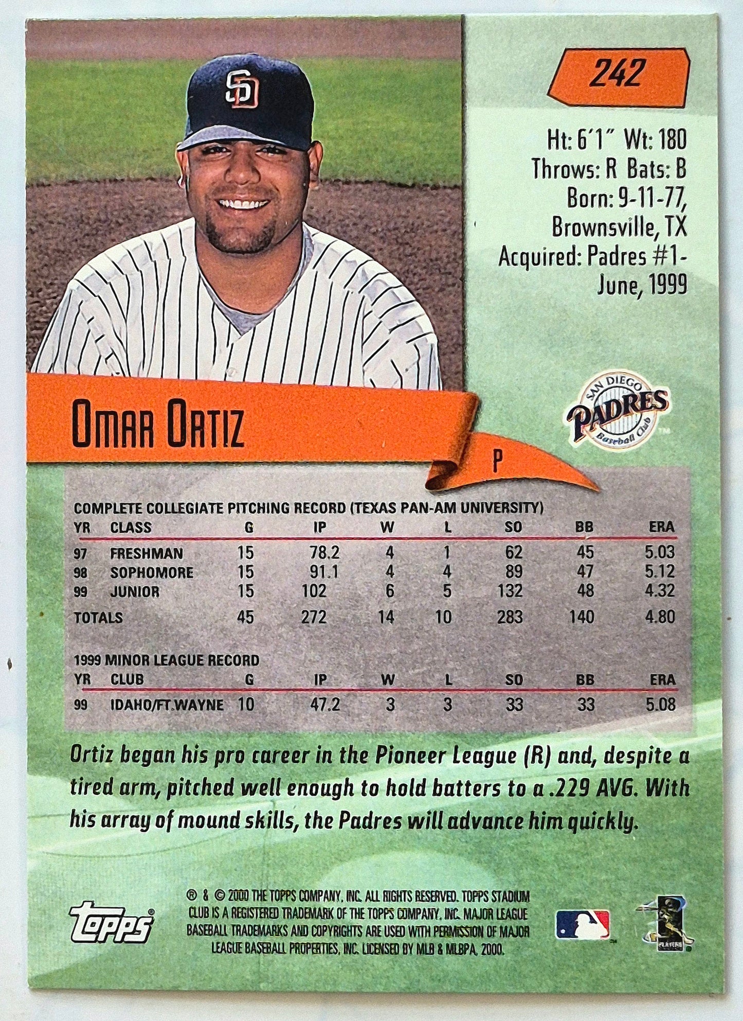 Ortiz Omar Lanzador de San Diego Padres Selección del Draft #242 Topps 2000 Stadium Club Tarjeta de Béisbol
