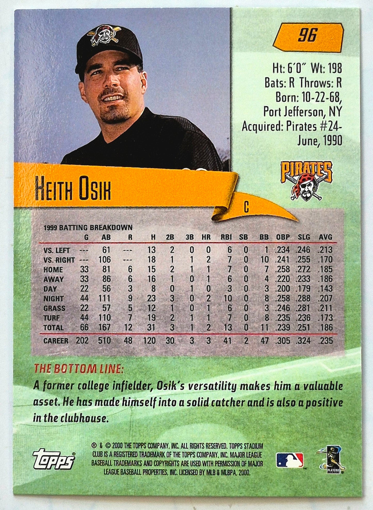 Osik Keith Catcher #96 Topps 2000 Stadium Club Tarjeta de Béisbol de los Pittsburgh Pirates
