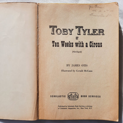 Toby Tyler or Ten Weeks with a Circus by James Otis (Abridged, Good, 1965, Pbk, 188 pgs, Scholastic)