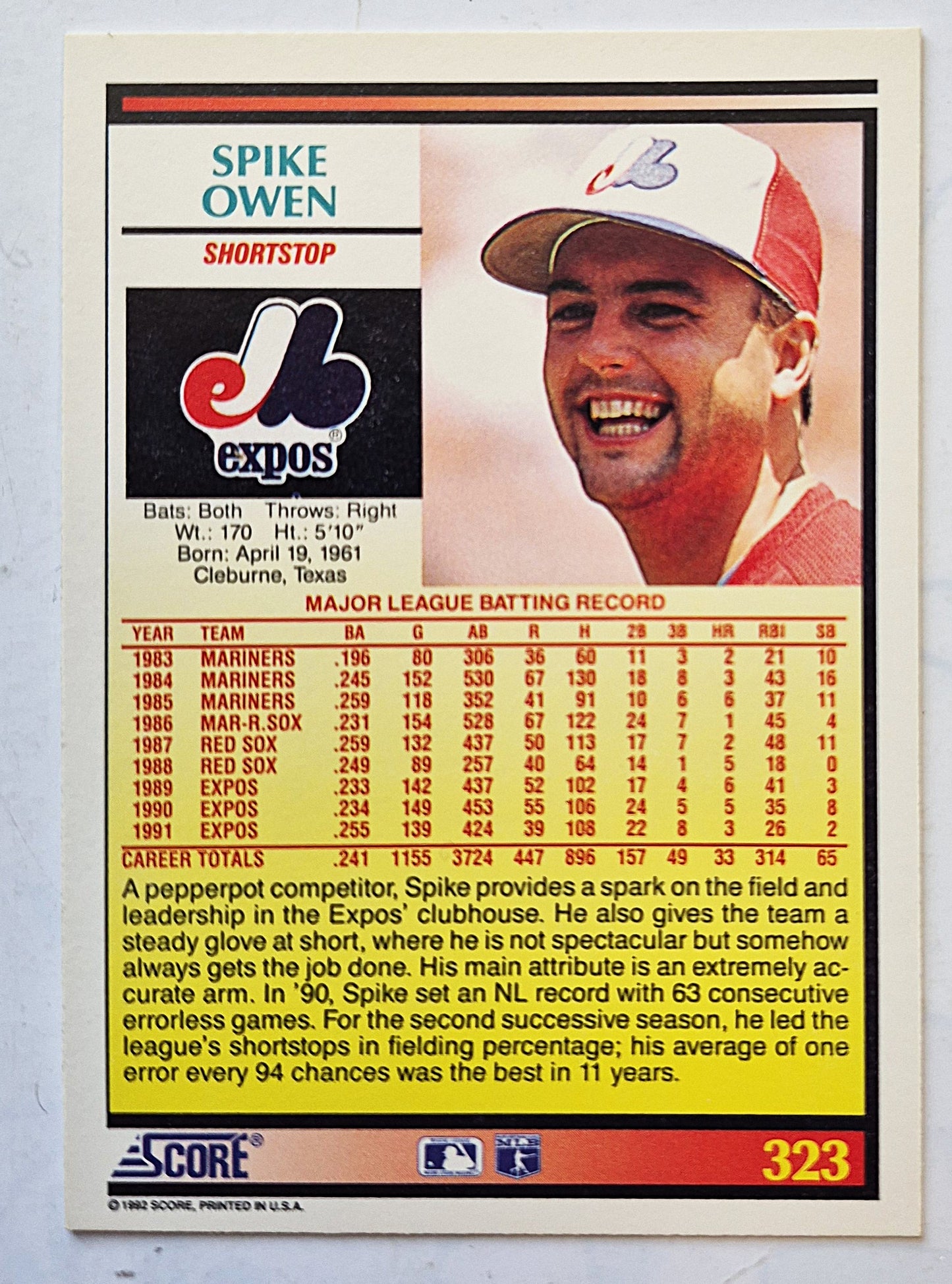 Owen Spike Montreal Expos Shortstop #323 Score '92 Baseball Card