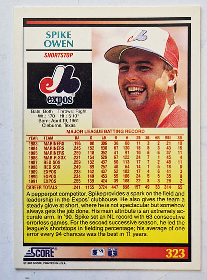 Owen Spike Montreal Expos Shortstop #323 Score '92 Baseball Card