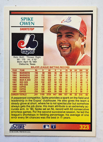 Owen Spike Montreal Expos Shortstop #323 Score '92 Baseball Card