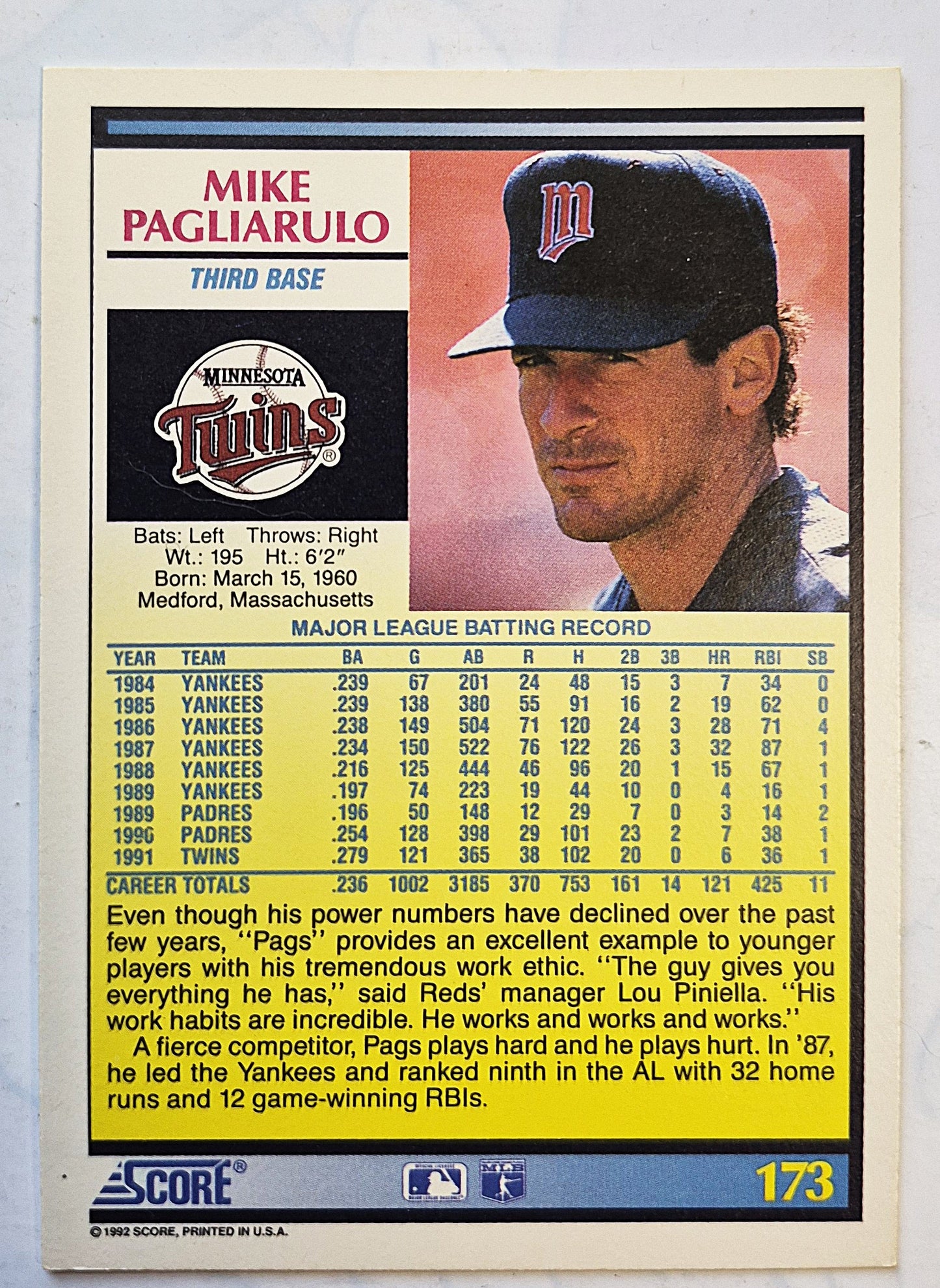 Pagliarulo Mike Minnestoa Twins Third Base #173 Score '92 Baseball Card