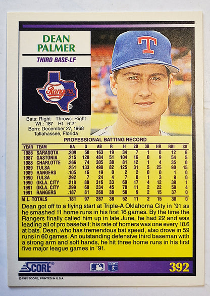 Palmer Dean Texas Rangers Third Base-LF #392 Score '92 Baseball Card