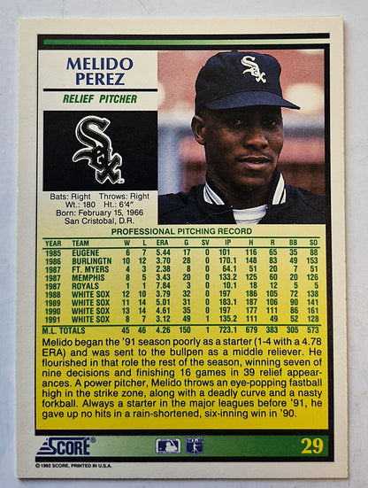 Perez Melido Chicago White Sox Relief Pitcher #29 Score '92 Baseball Card