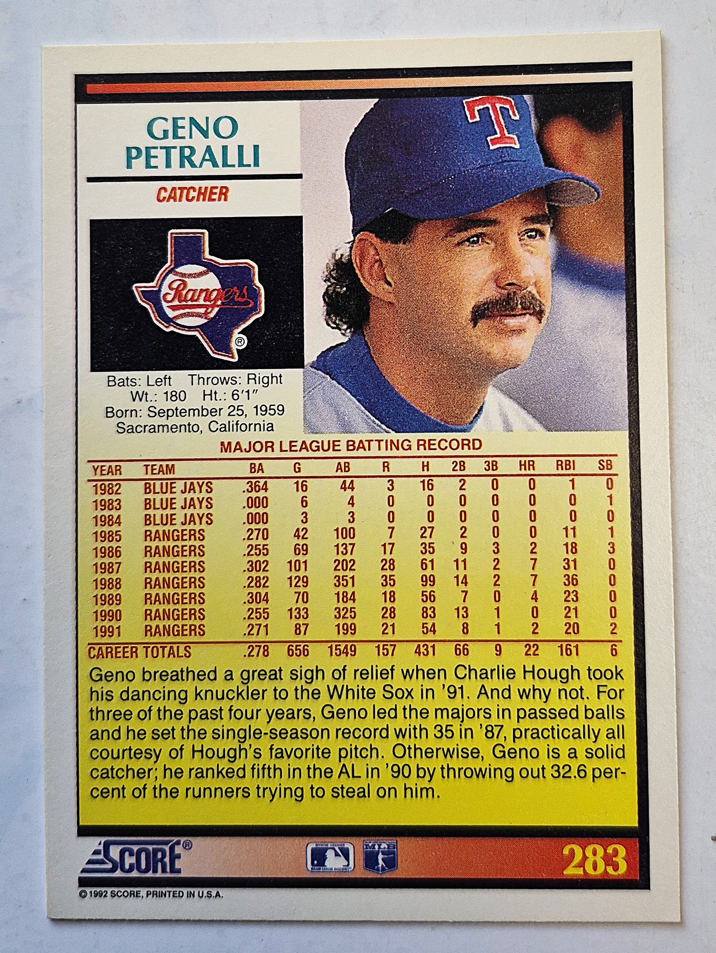 Petralli Geno Texas Rangers Catcher #283 Score '92 Baseball Card