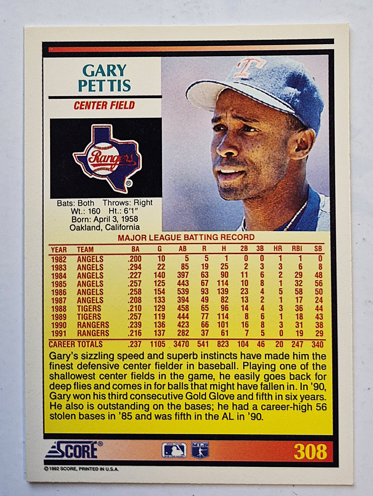 Bewertung '92 Gary Pettis Texas Rangers Center Field #308 Baseballkarte Nahezu Neuwertig