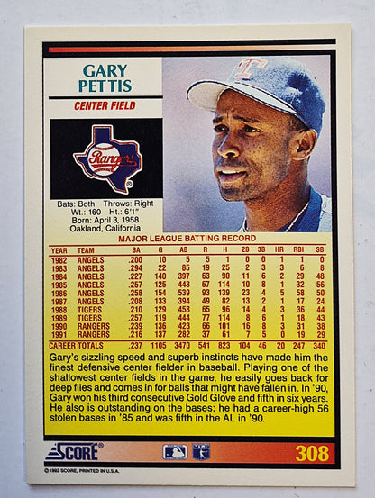 Bewertung '92 Gary Pettis Texas Rangers Center Field #308 Baseballkarte Nahezu Neuwertig