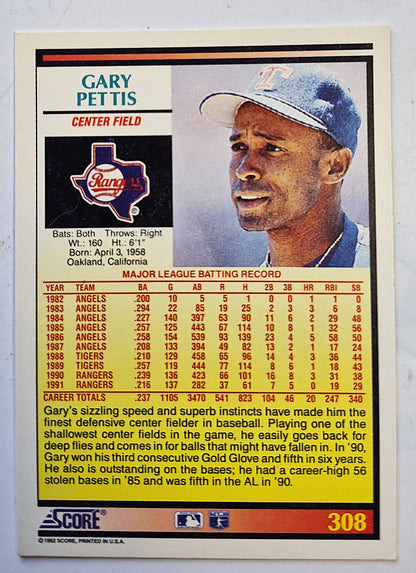 Bewertung '92 Gary Pettis Texas Rangers Center Field #308 Baseballkarte Nahezu Neuwertig