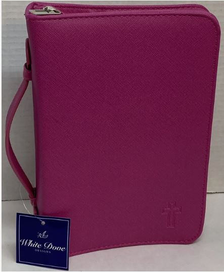 Bible cover: Textured Leather-look with Debossed Cross by White Dove Designs (New, Pink, Large)