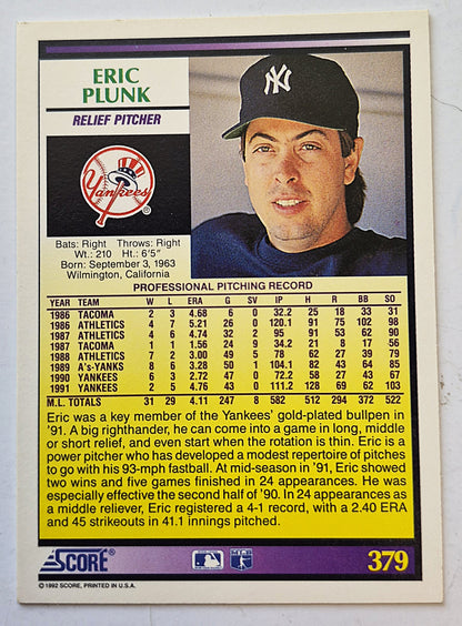 Score '92 Eric Plunk New York Yankees Relief Pitcher #379 Baseballkarte Fast Neuwertig