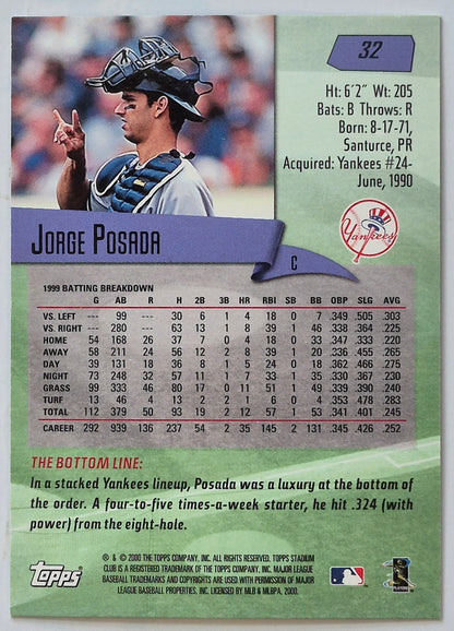 Posada Jorge New York Yankees Catcher #32 Topps 2000 Stadium Club Baseball Card