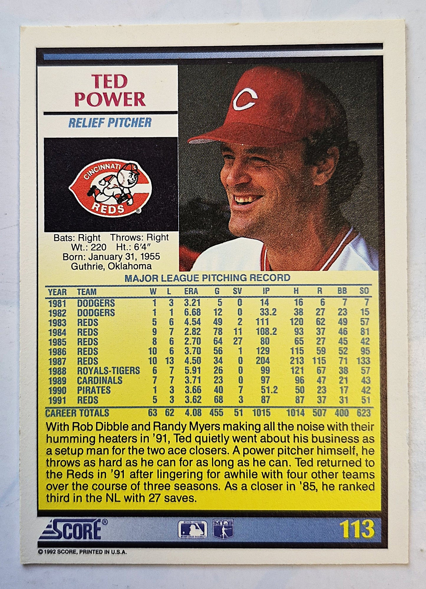 Power Ted Cincinnati Reds Relief Pitcher #113 Score '92 Baseball Card