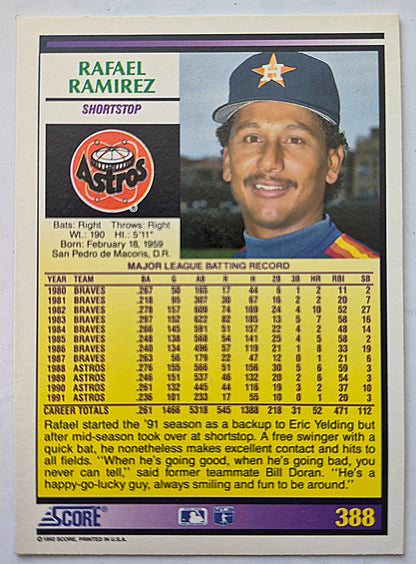 Ramirez Rafael Houston Astros Shortstop #388 Score '92 Baseball Card