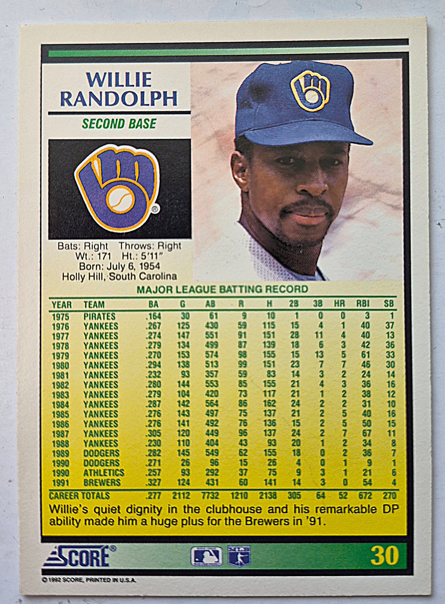 Randolph Willie Seattle Mariners Second Base #30 Score '92 Baseball Card