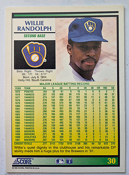 Randolph Willie Seattle Mariners Second Base #30 Score '92 Baseball Card
