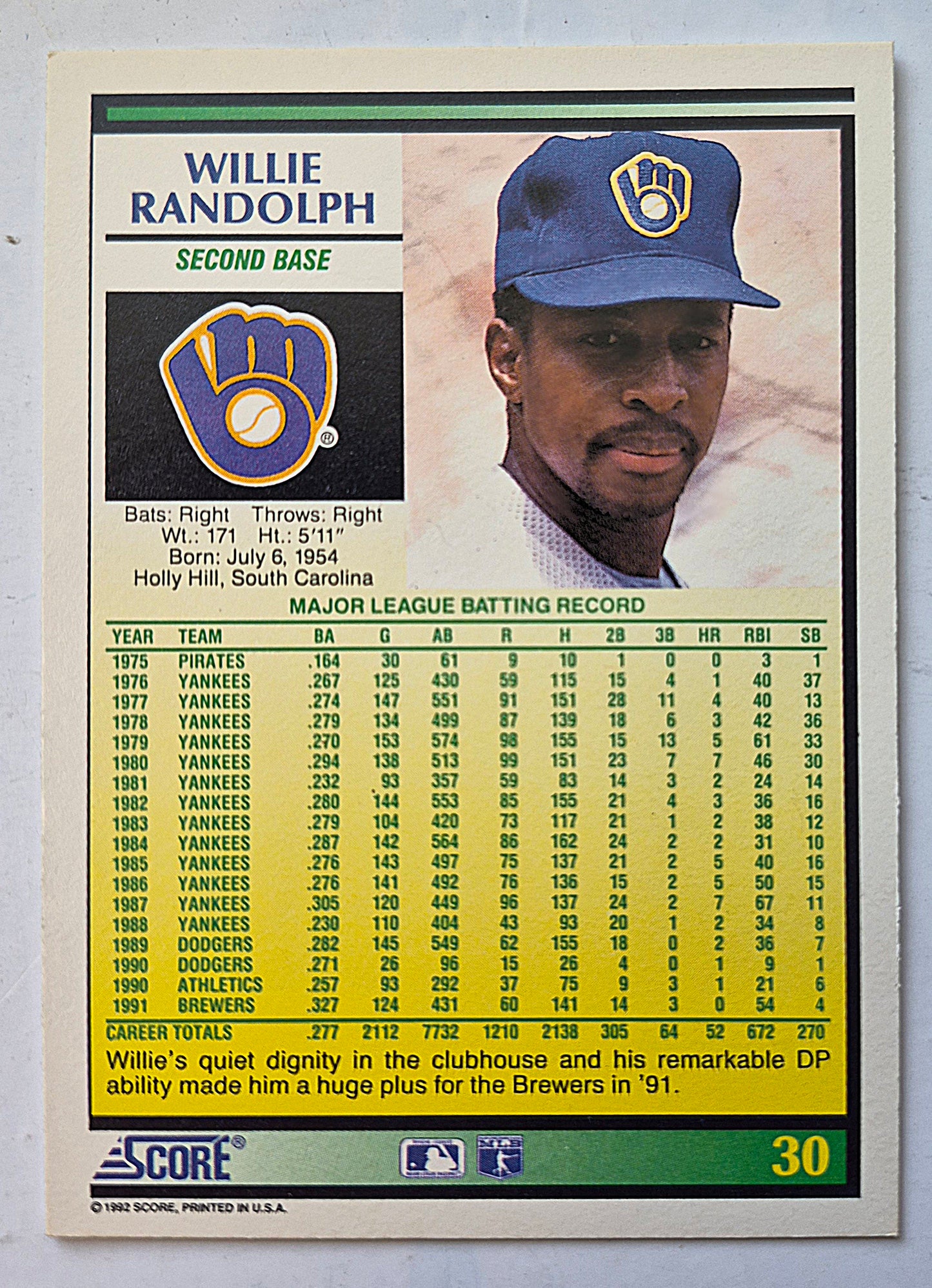 Randolph Willie Seattle Mariners Second Base #30 Score '92 Baseball Card