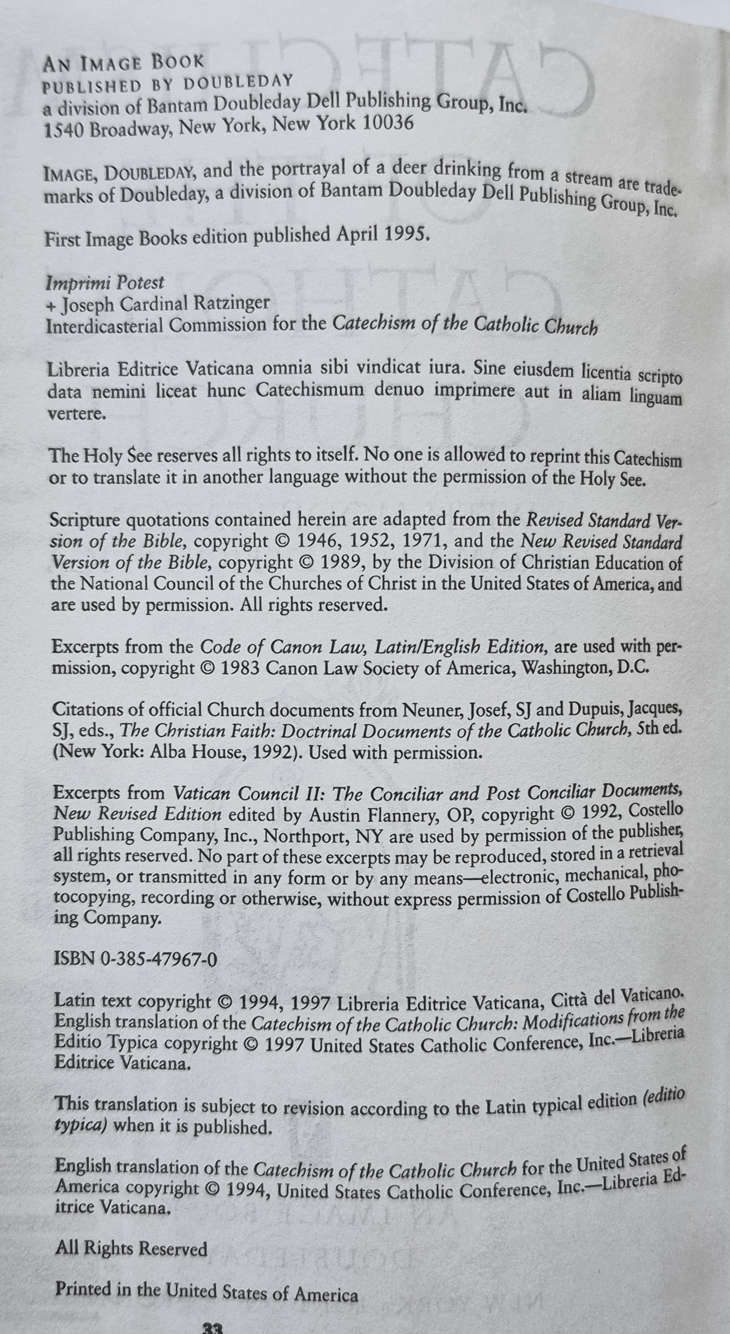 Katechismus der Katholischen Kirche Joseph Kardinal Ratzinger (Sehr gut, 1995, broschiert, 846 S., Doubleday)