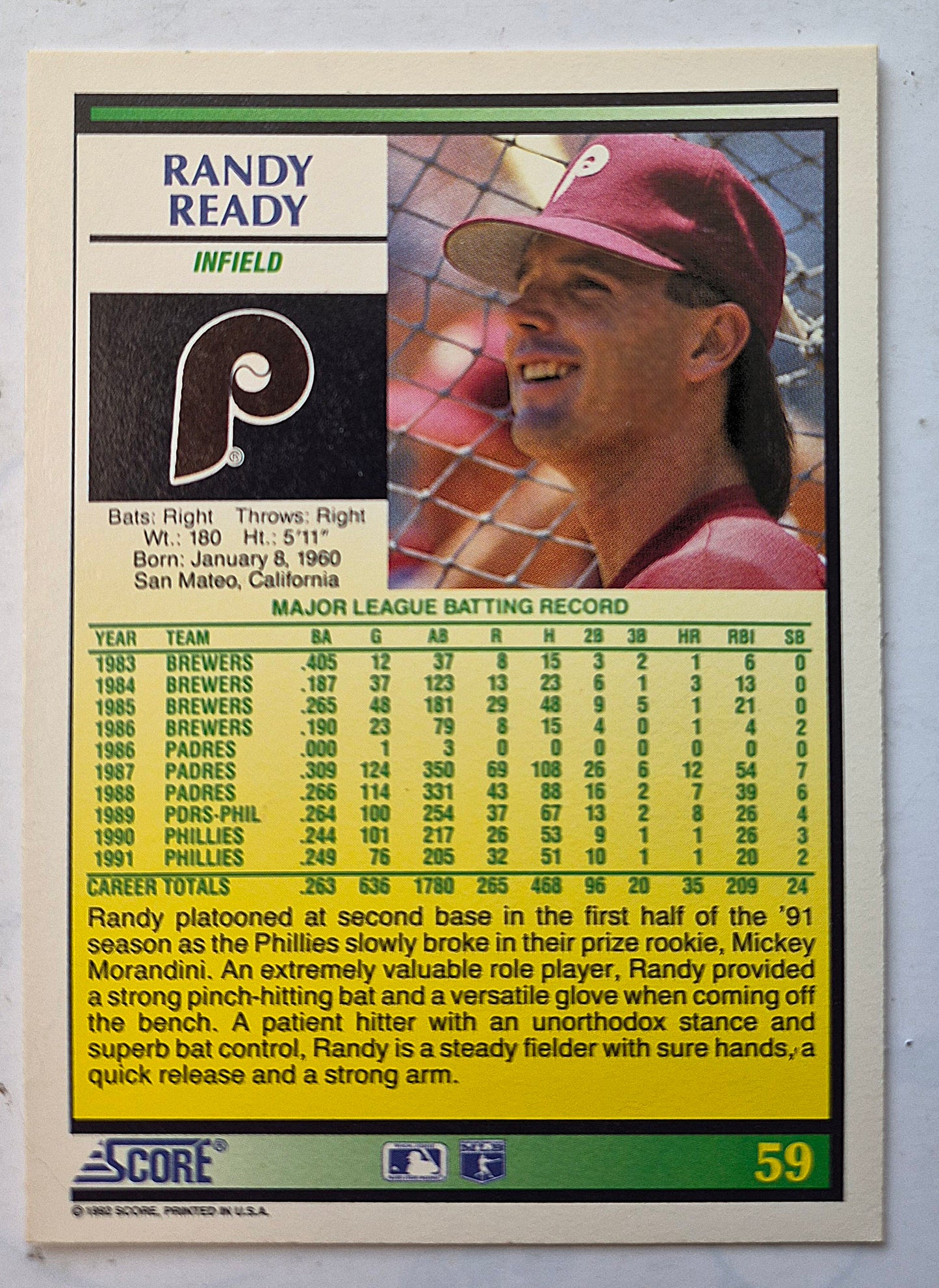 Ready Randy Philadelphia Phillies Infield #59 Score '92 Baseball Card