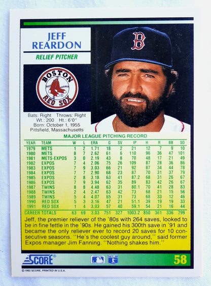 Score '92 Jeff Reardon Boston Red Sox Relief Pitcher #58 Baseball Card Near Mint