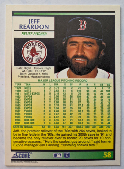 Bewertung '92 Jeff Reardon Boston Red Sox Relief Pitcher #58 Baseballkarte Near Mint
