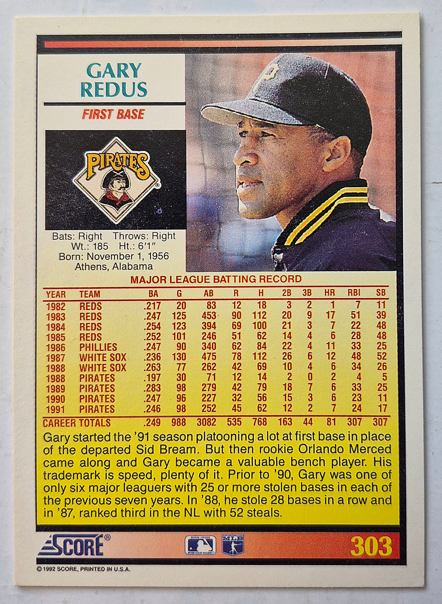 Bewertung '92 Gary Redus Pittsburgh Pirates First Base #303 Baseballkarte Sehr Gut