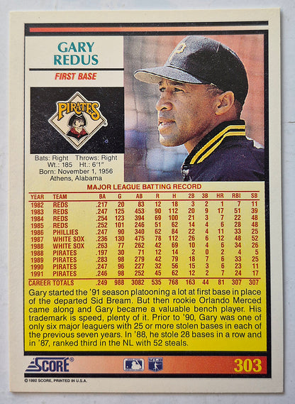 Bewertung '92 Gary Redus Pittsburgh Pirates First Base #303 Baseballkarte Sehr Gut