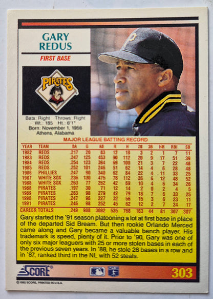 Bewertung '92 Gary Redus Pittsburgh Pirates First Base #303 Baseballkarte Sehr Gut