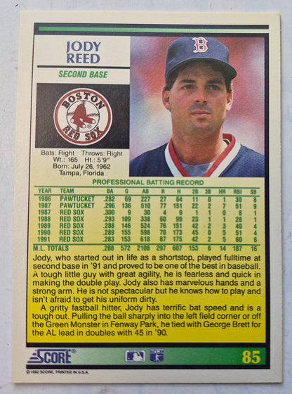 Reed Jody Boston Red Sox Second Base #85 Score '92 Baseball Card