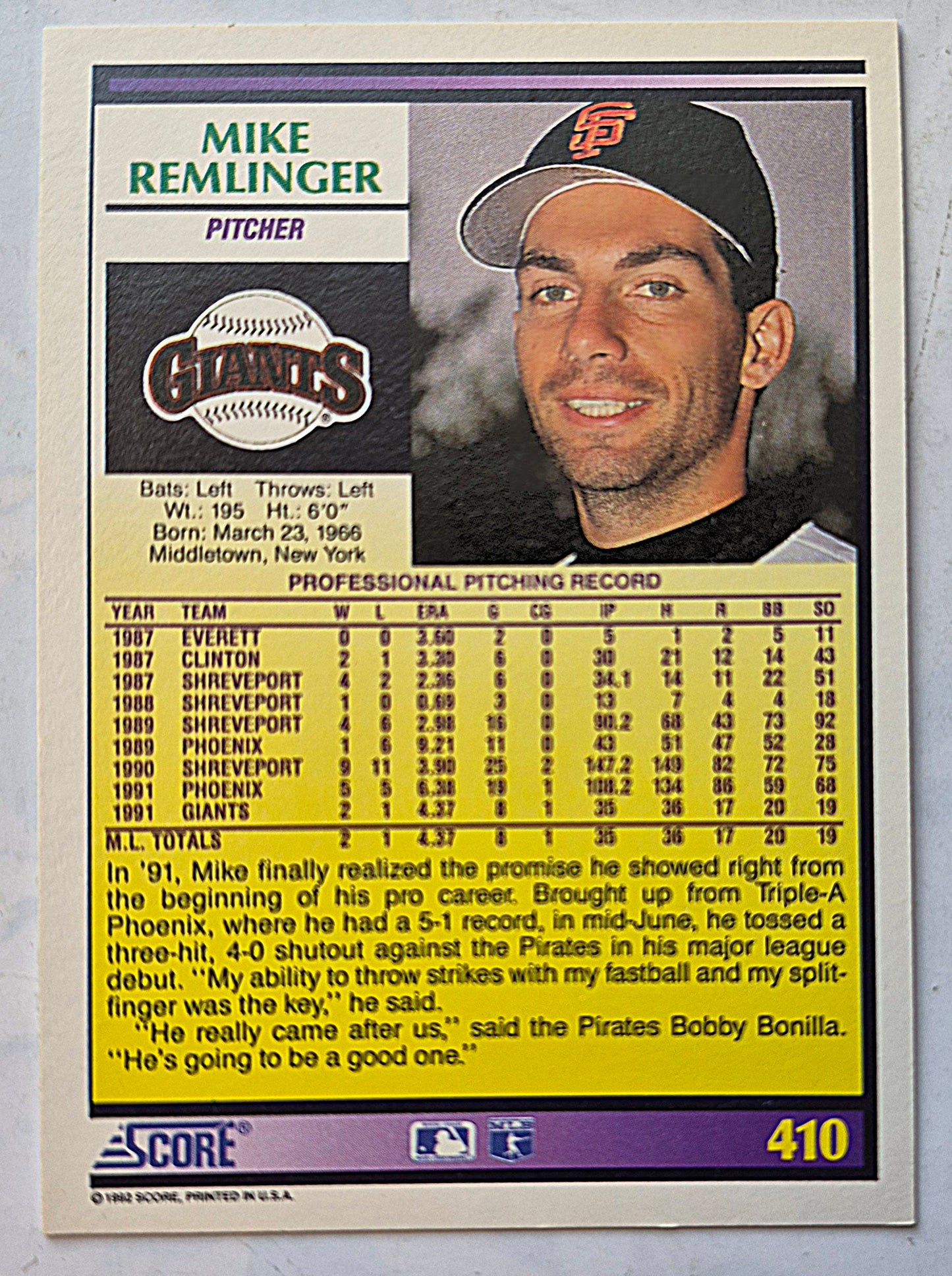 Remlinger Mike San Francisco Giants Pitcher #410 Rookie Prospect Score '92 Baseball Card