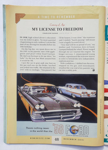 Reminisce Magazine November 2015 (Very good, Pbk, 92 pages, Reader's Digest, Collectible)