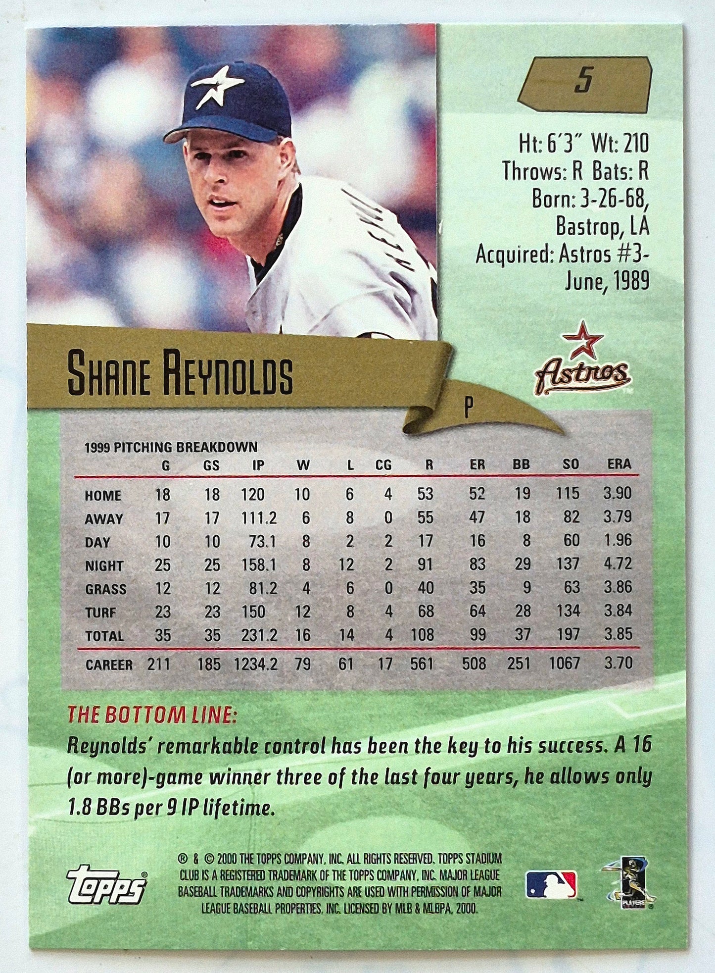 Reynolds Shane Houston Astros Pitcher #5 Topps 2000 Stadium Club Baseball Card
