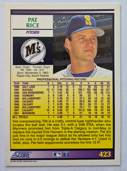 Rice Pat Seattle Mariners Pitcher #423 Rookie Prospect Score '92 Baseball Card