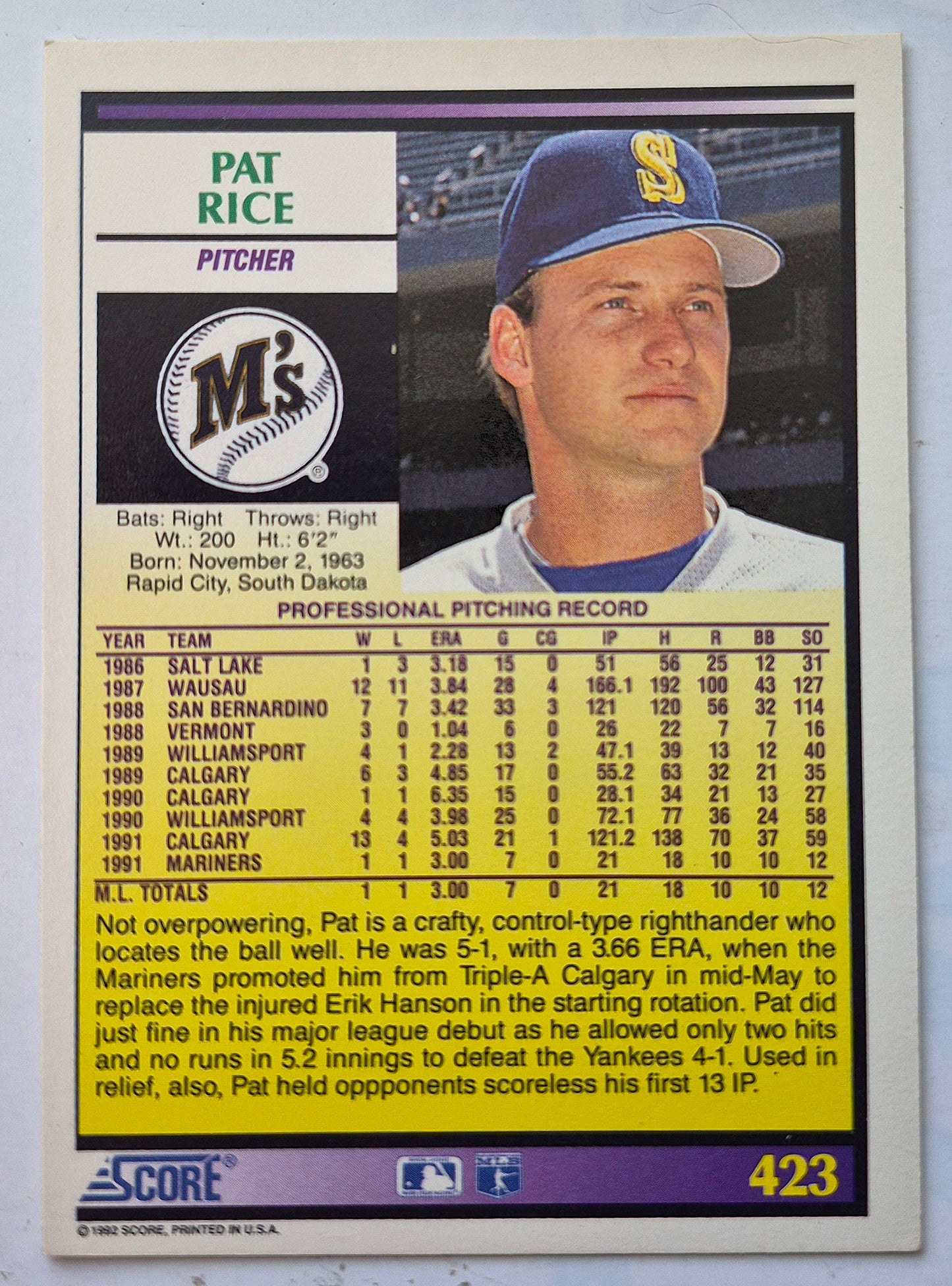 Rice Pat Seattle Mariners Pitcher #423 Rookie Prospect Score '92 Baseball Card