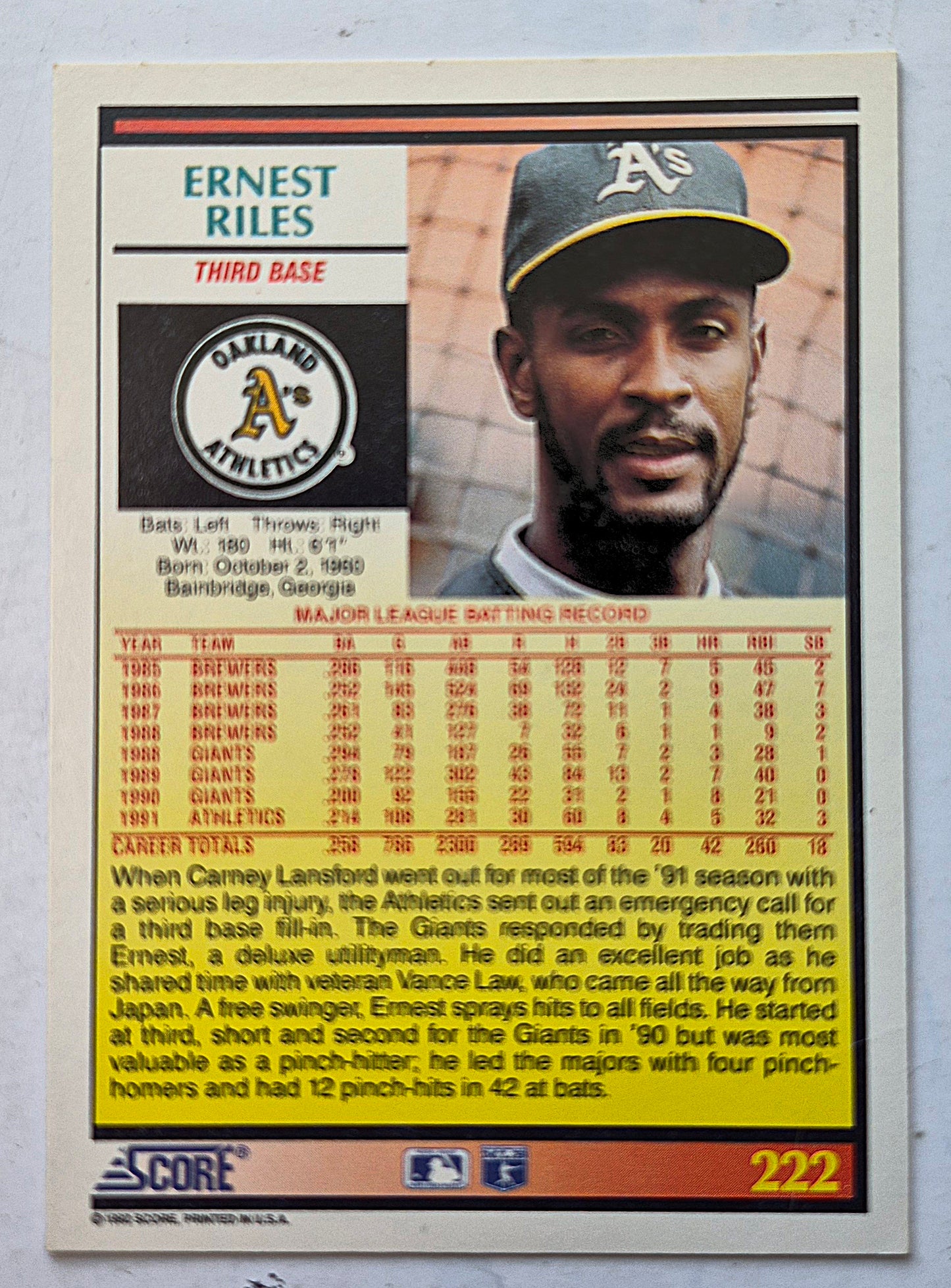 Riles Ernest Oakland Athletics Third Base #222 Score '92 Baseball Card