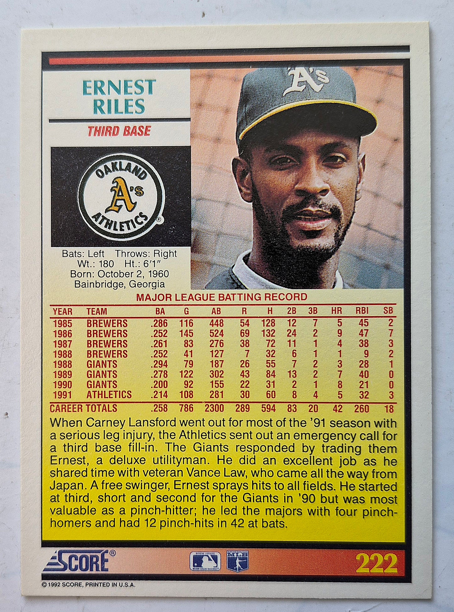 Riles Ernest Oakland Athletics Third Base #222 Score '92 Baseball Card