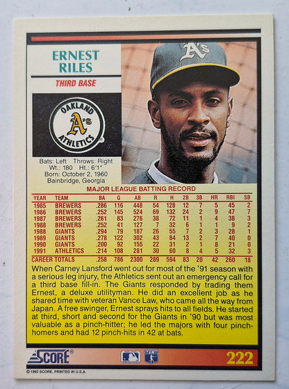 Riles Ernest Oakland Athletics Third Base #222 Score '92 Baseball Card