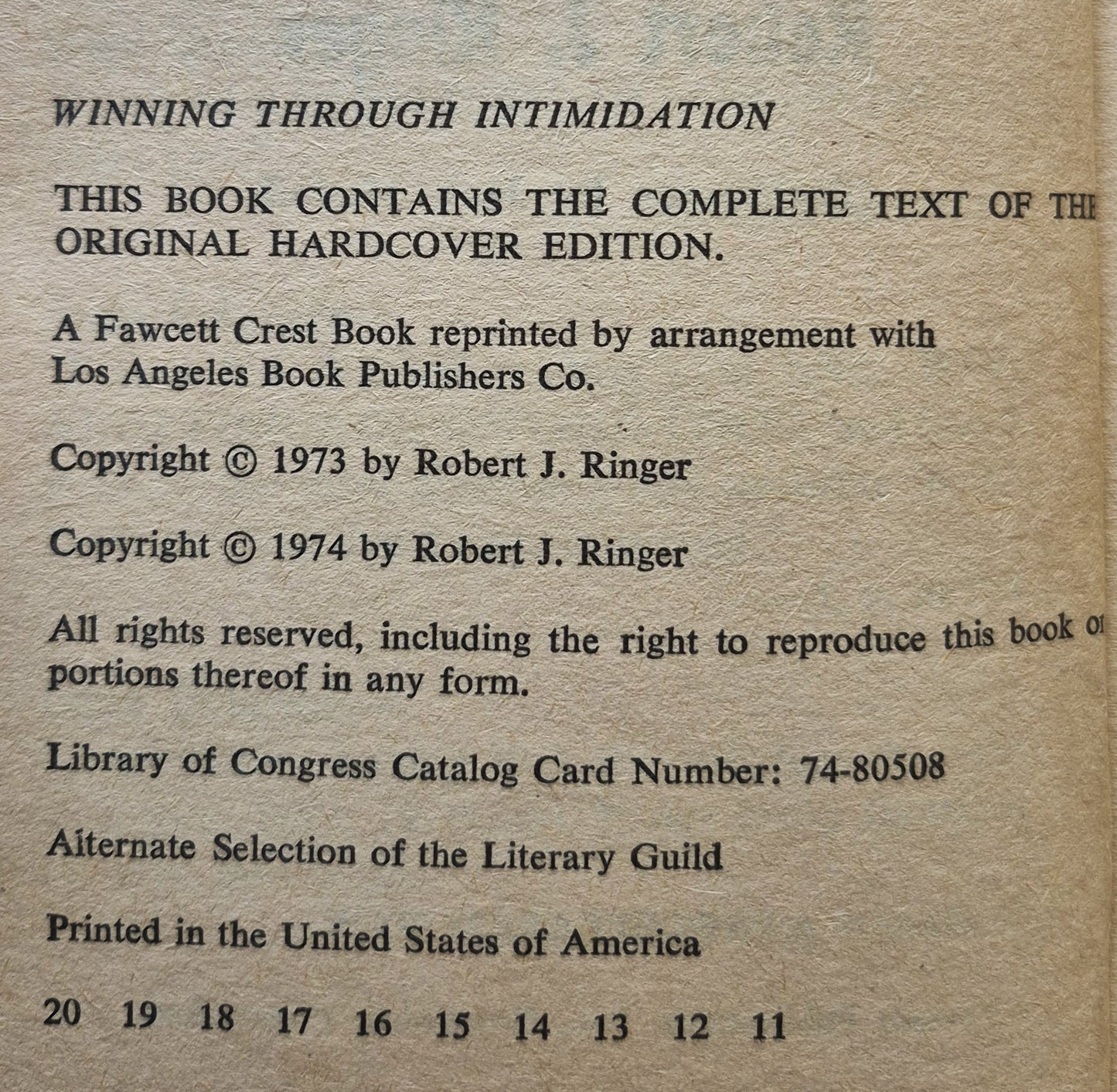 Winning Through Intimidation von Robert J. Ringer (Sehr gut, 1974, Taschenbuch, 304 Seiten, Fawcett Crest)