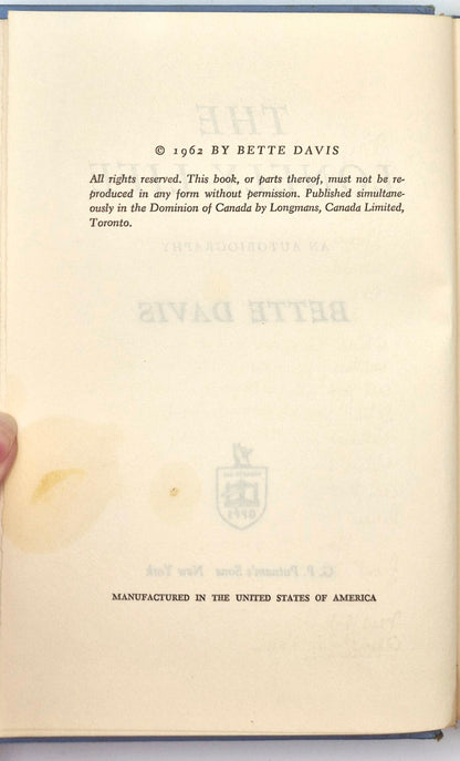 The Lonely Life: An Autobiography by Bette Davis (Good, 1962, HC, 254 pgs, G.P. Putnam's Sons)