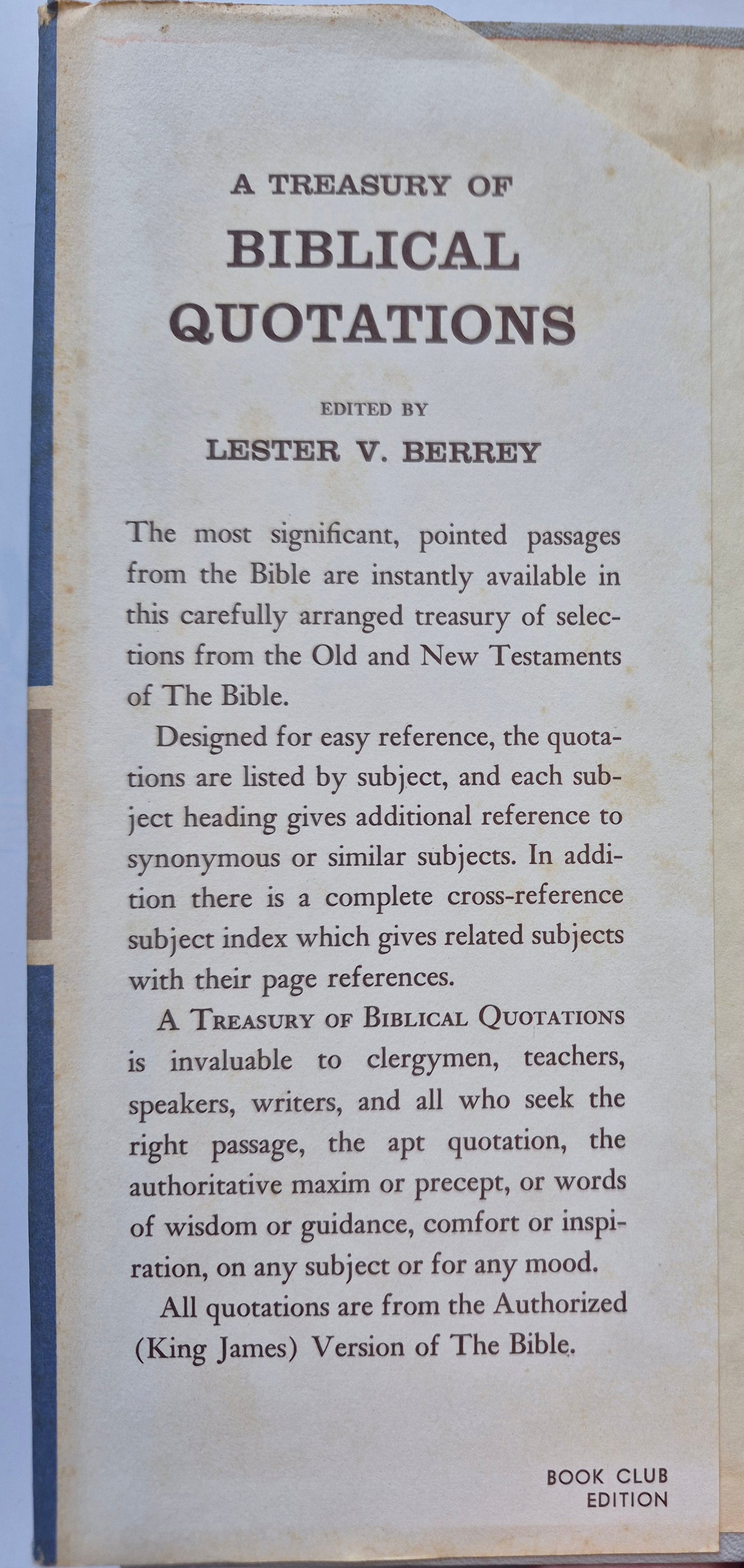 A Treasury of Biblical Quotations edited by Lester V. Berry -Good, 1953, HC, 264 pgs, Doubleday & Co.